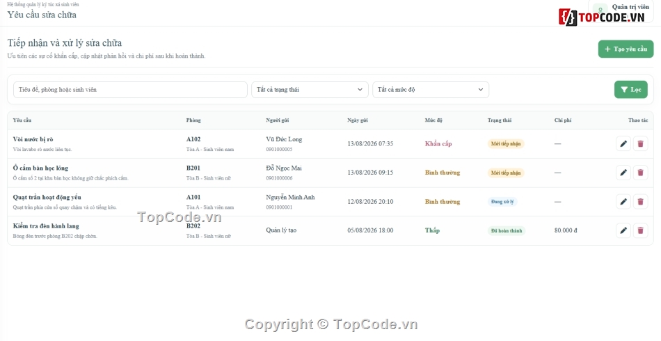 Website quản lý,quản lý ký túc xá,quản lý ký túc